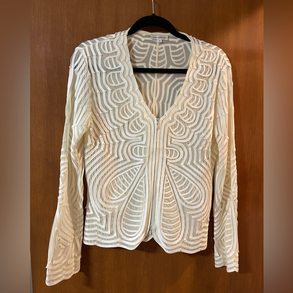 Exquisite Alexandra Rosati embroidered sheer ivory zip jacket/blouse - size 8